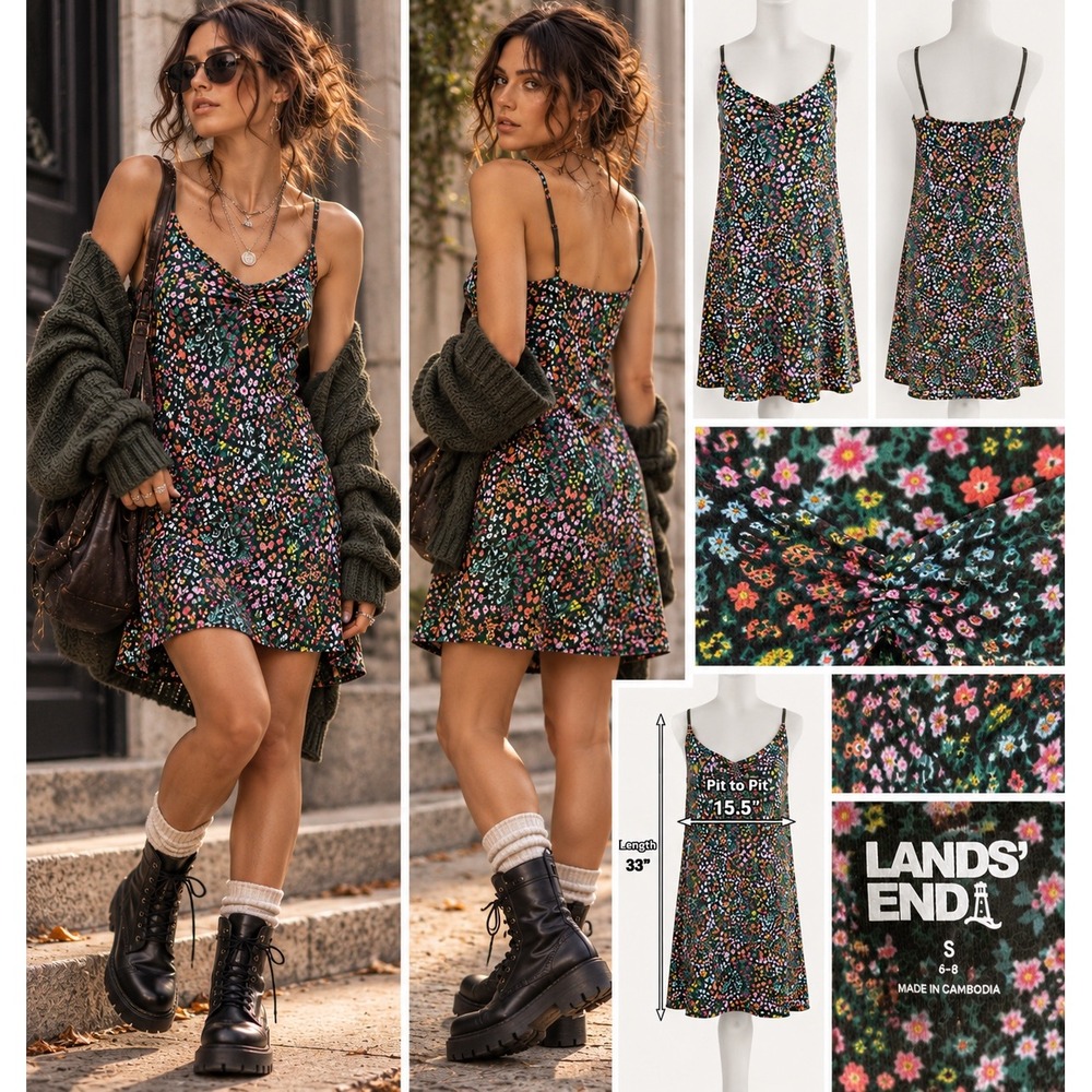 Lands End Floral Slip Dress S 6 8 Fairy Grunge 90s Y2K Ditsy Mini Cottagecore